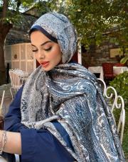 etnik desen %100 ithal ipek şal mavi