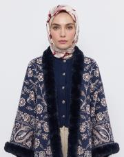 çiçek desenli dokuma panço lacivert